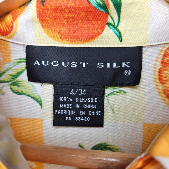 AUGUST SILK Button Up Blouse 4 100% Silk Citrus Fruit Floral Cheerful Fun Quirky - Picture 7 of 8